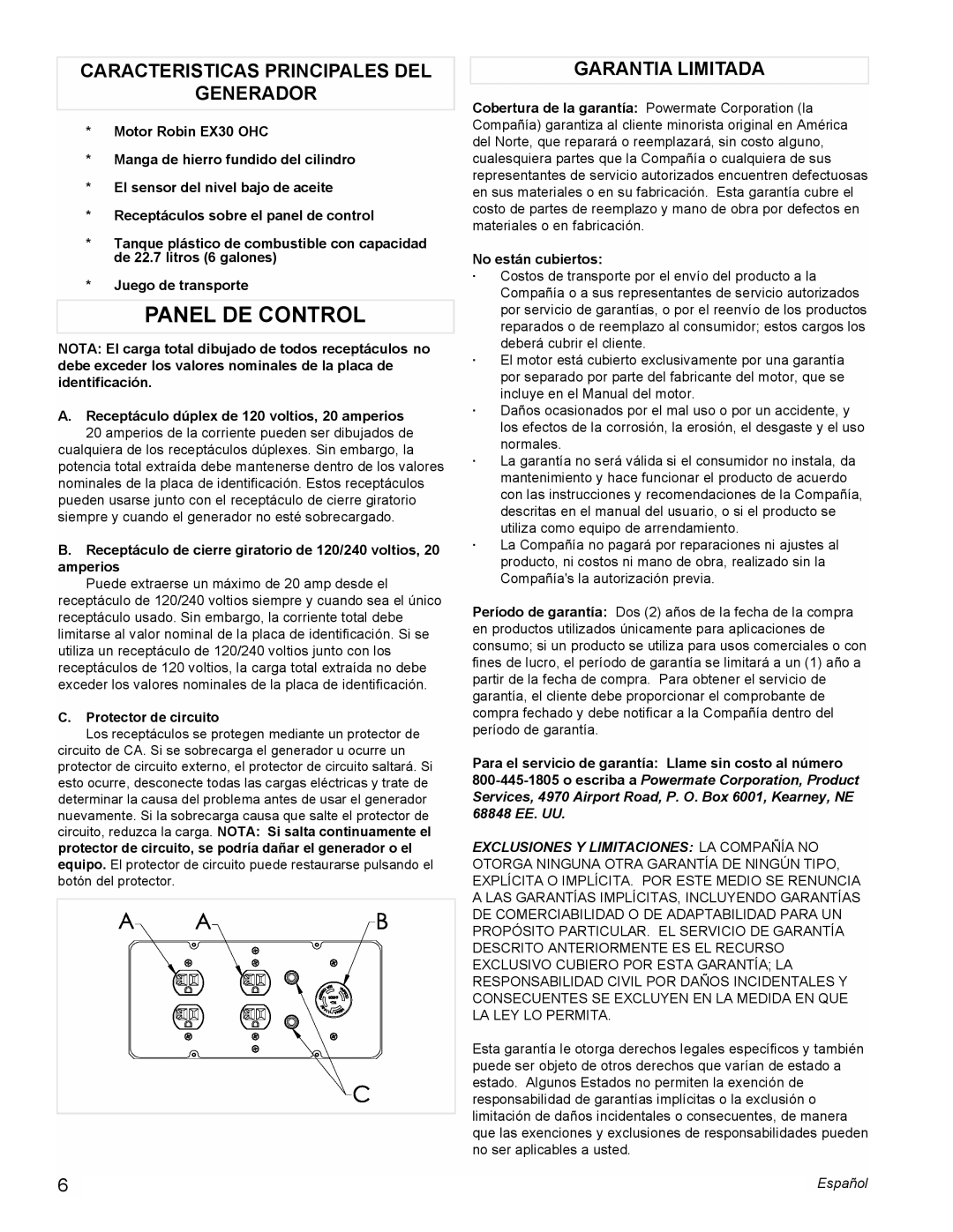 Coleman PM0435005 Panel DE Control, Caracteristicas Principales DEL Generador, Garantia Limitada, Protector de circuito 