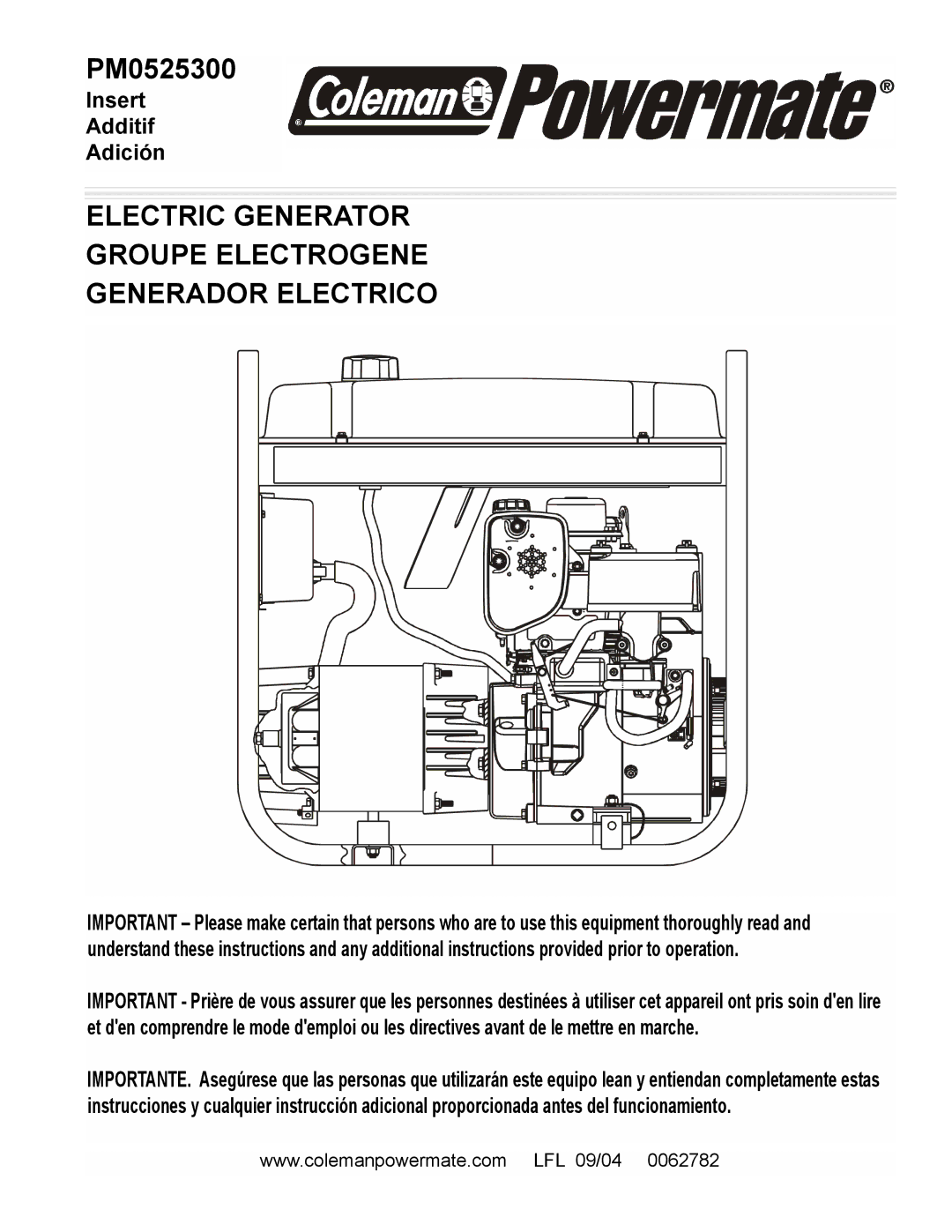 Coleman PM0525300 manual Electric Generator Groupe Electrogene Generador Electrico 