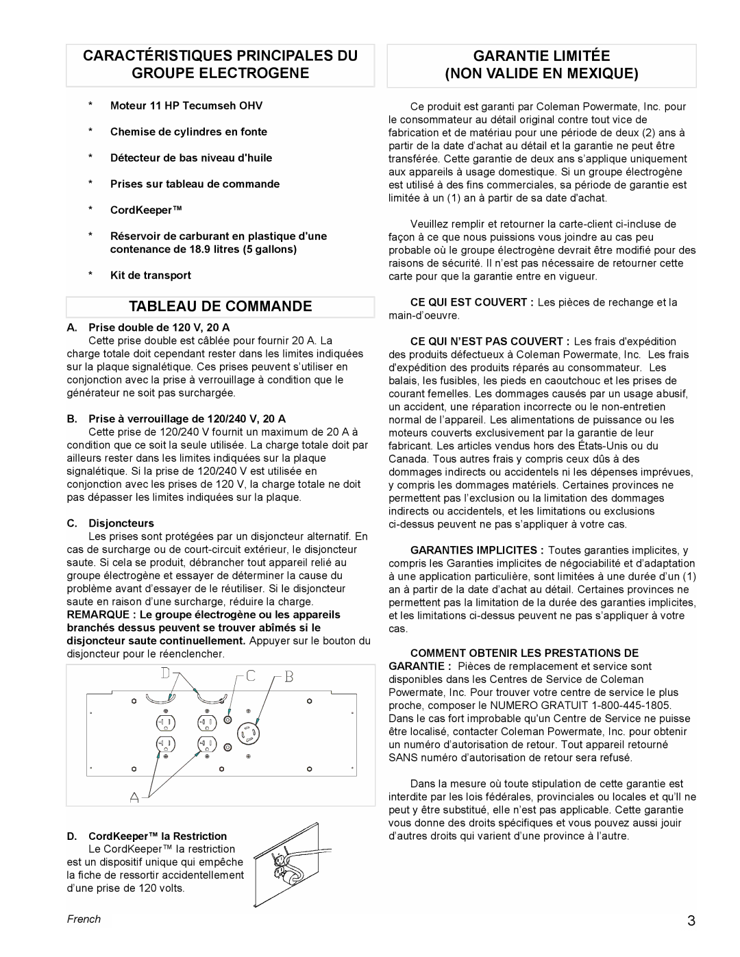 Coleman PM0525300 manual Caractéristiques Principales DU Groupe Electrogene, Tableau DE Commande 