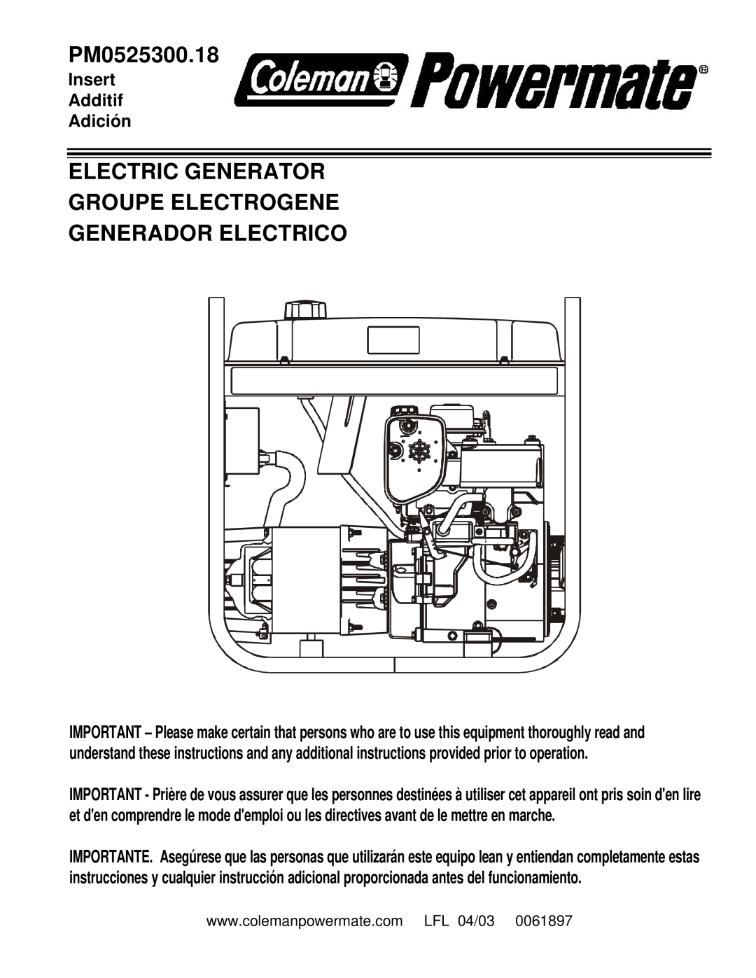 Coleman PM0525300.18 manual Electric Generator Groupe Electrogene, Generador Electrico, Insert Additif Adición 