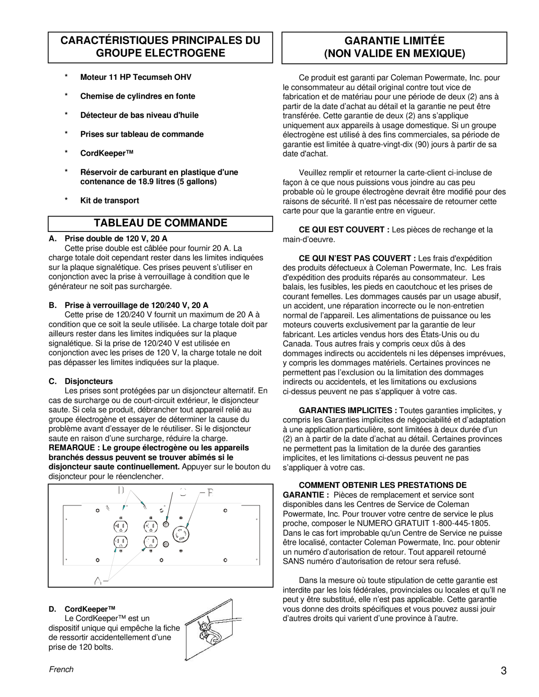 Coleman PM0525300.18 manual Caractéristiques Principales Du, Groupe Electrogene, Tableau De Commande, French 