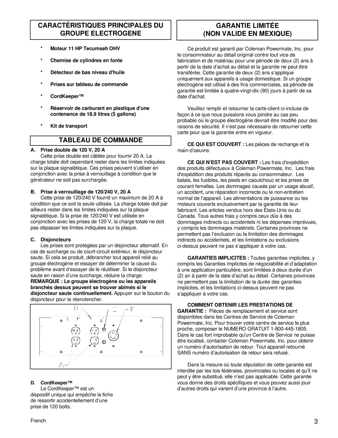 Coleman PM0525300.18 manual Caractéristiques Principales DU Groupe Electrogene, Tableau DE Commande 