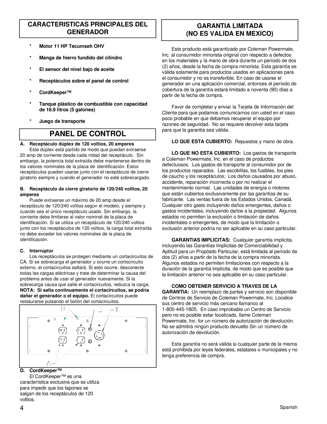 Coleman PM0525300.18 Panel DE Control, Caracteristicas Principales DEL Generador, Garantia Limitada No ES Valida EN Mexico 