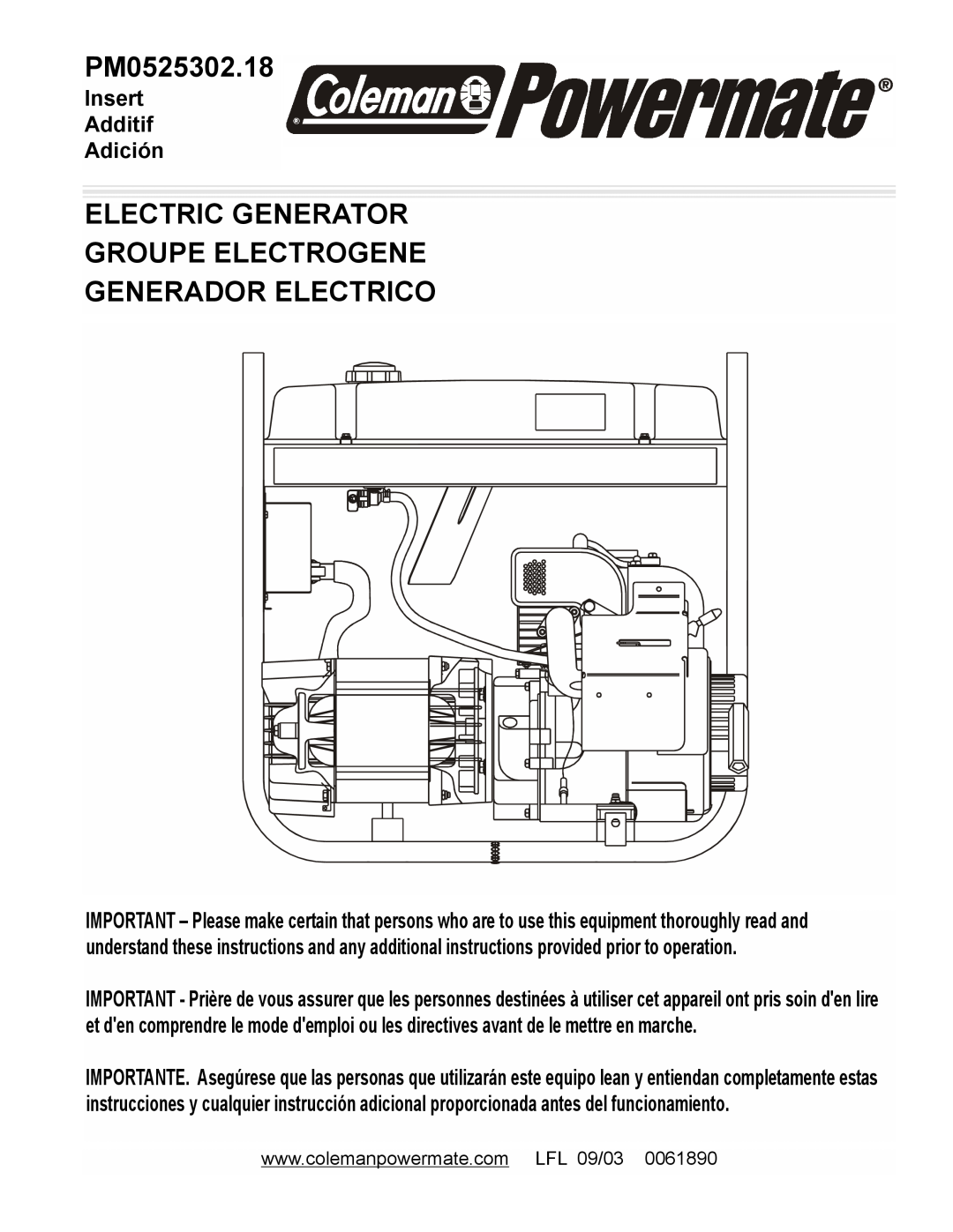 Coleman PM0525302.18 manual Electric Generator Groupe Electrogene, Generador Electrico, Insert Additif Adición 