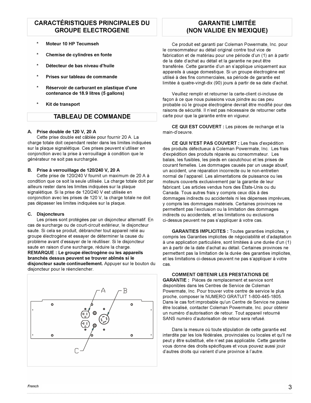 Coleman PM0525302.18 manual Caractéristiques Principales Du, Groupe Electrogene, Tableau De Commande 