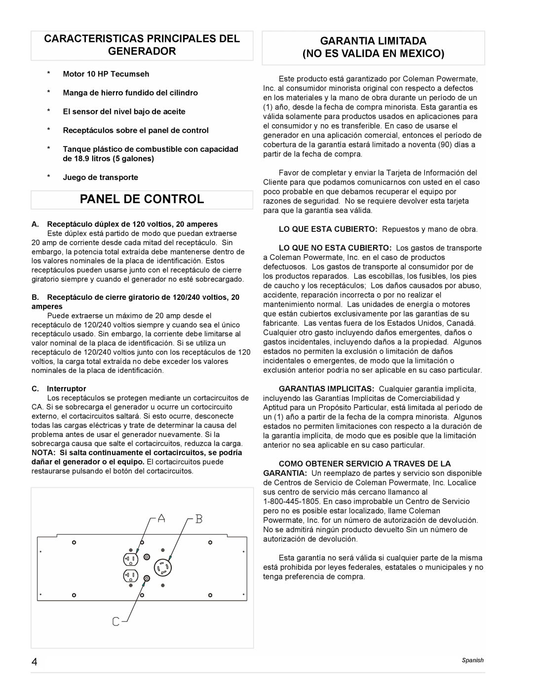 Coleman PM0525302.18 Panel De Control, Caracteristicas Principales Del Generador, Garantia Limitada No Es Valida En Mexico 