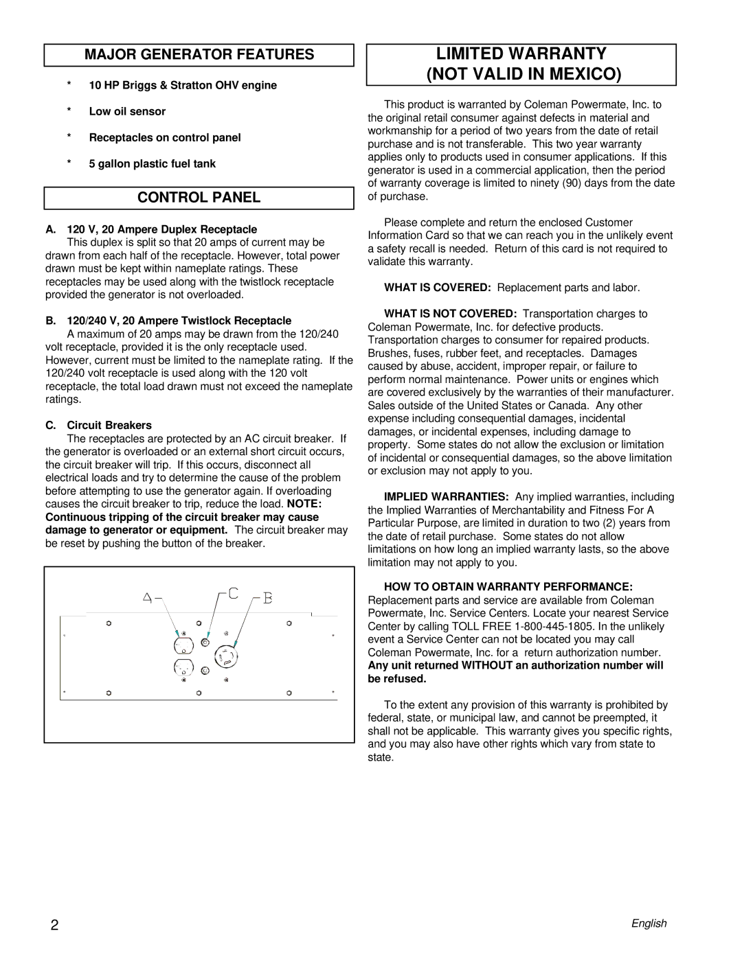 Coleman PM0545004 manual Limited Warranty not Valid in Mexico, Major Generator Features, Control Panel 