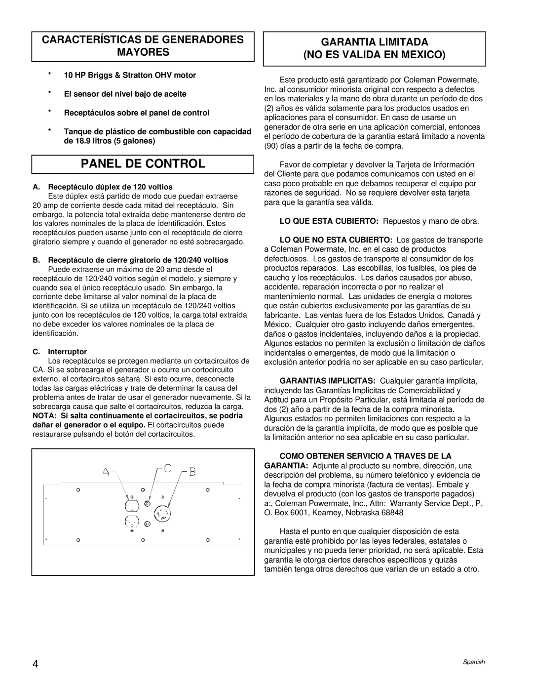 Coleman PM0545004 manual Panel DE Control, Características DE Generadores Mayores, Garantia Limitada No ES Valida EN Mexico 