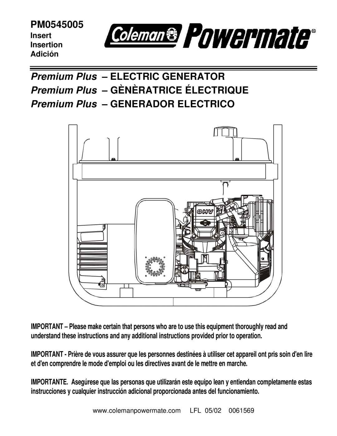Coleman PM0545005 manual Premium Plus - ELECTRIC GENERATOR, Premium Plus - GÈNÈRATRICE ÉLECTRIQUE 