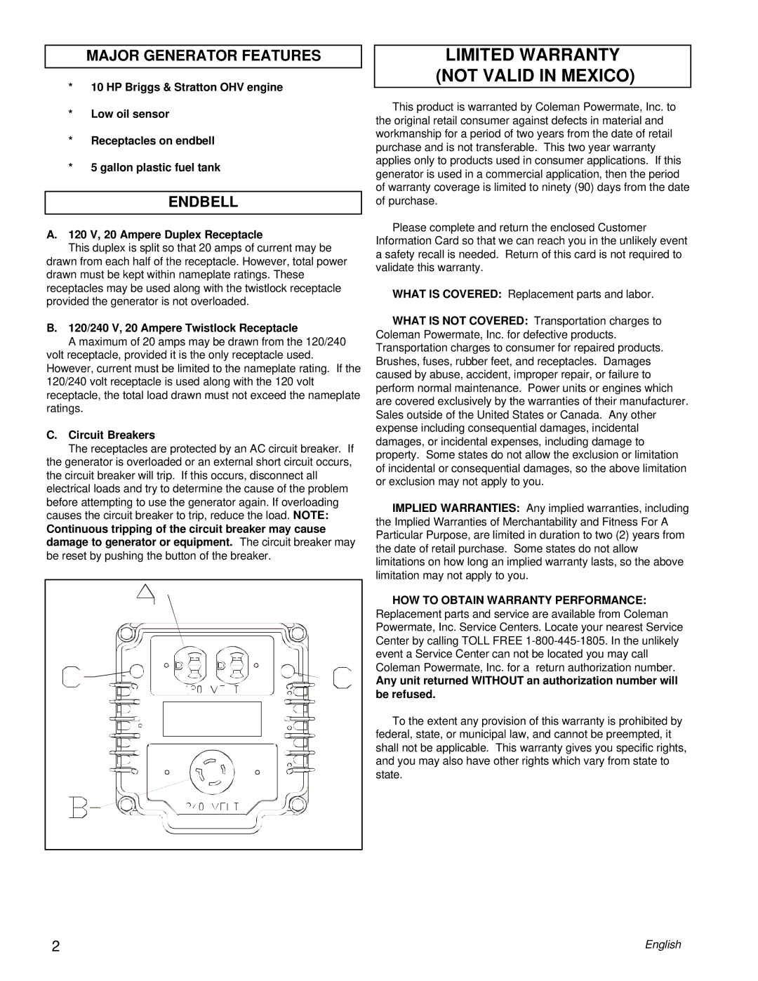 Coleman PM0545005 manual Limited Warranty not Valid in Mexico, Major Generator Features, Endbell 