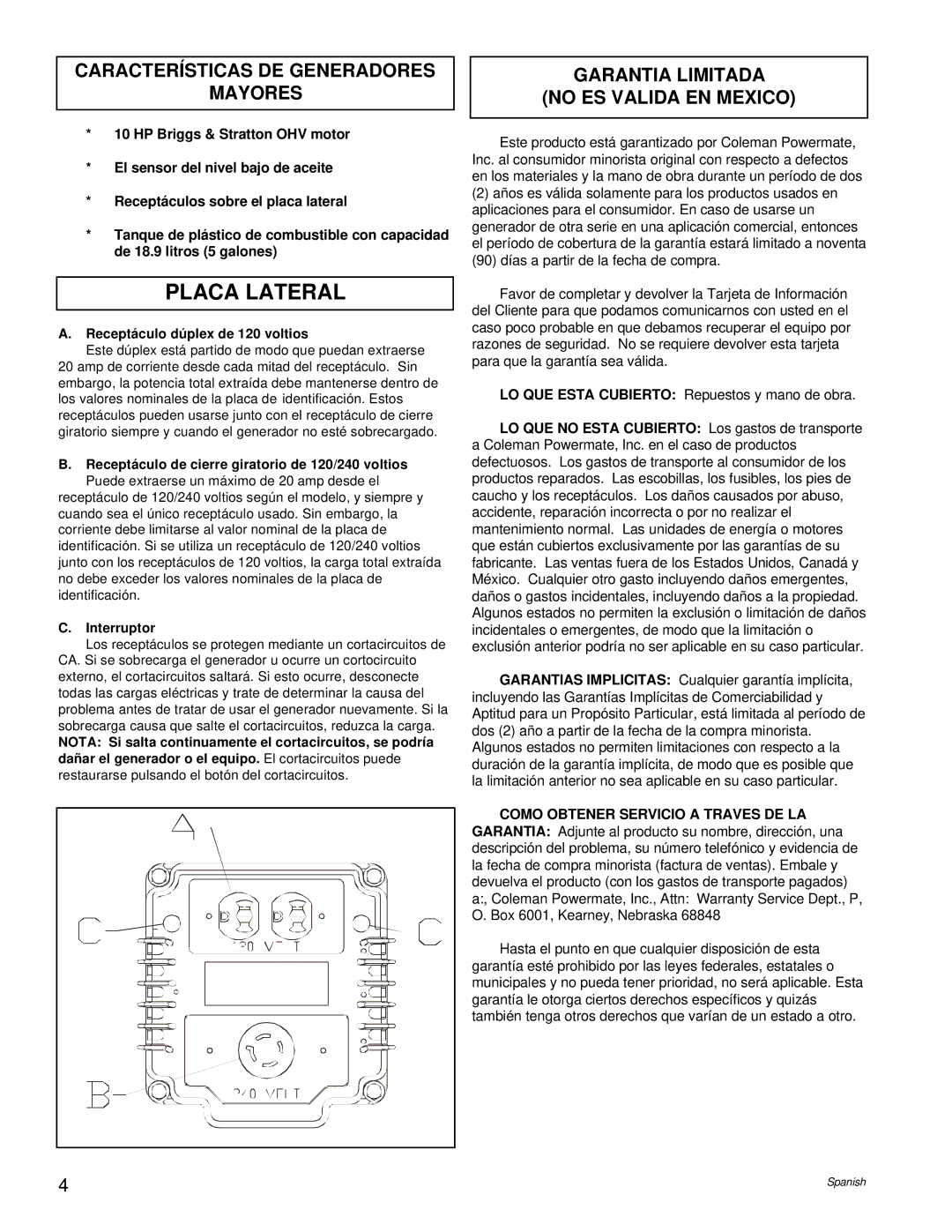 Coleman PM0545005 manual Placa Lateral, Características DE Generadores Mayores, Garantia Limitada No ES Valida EN Mexico 