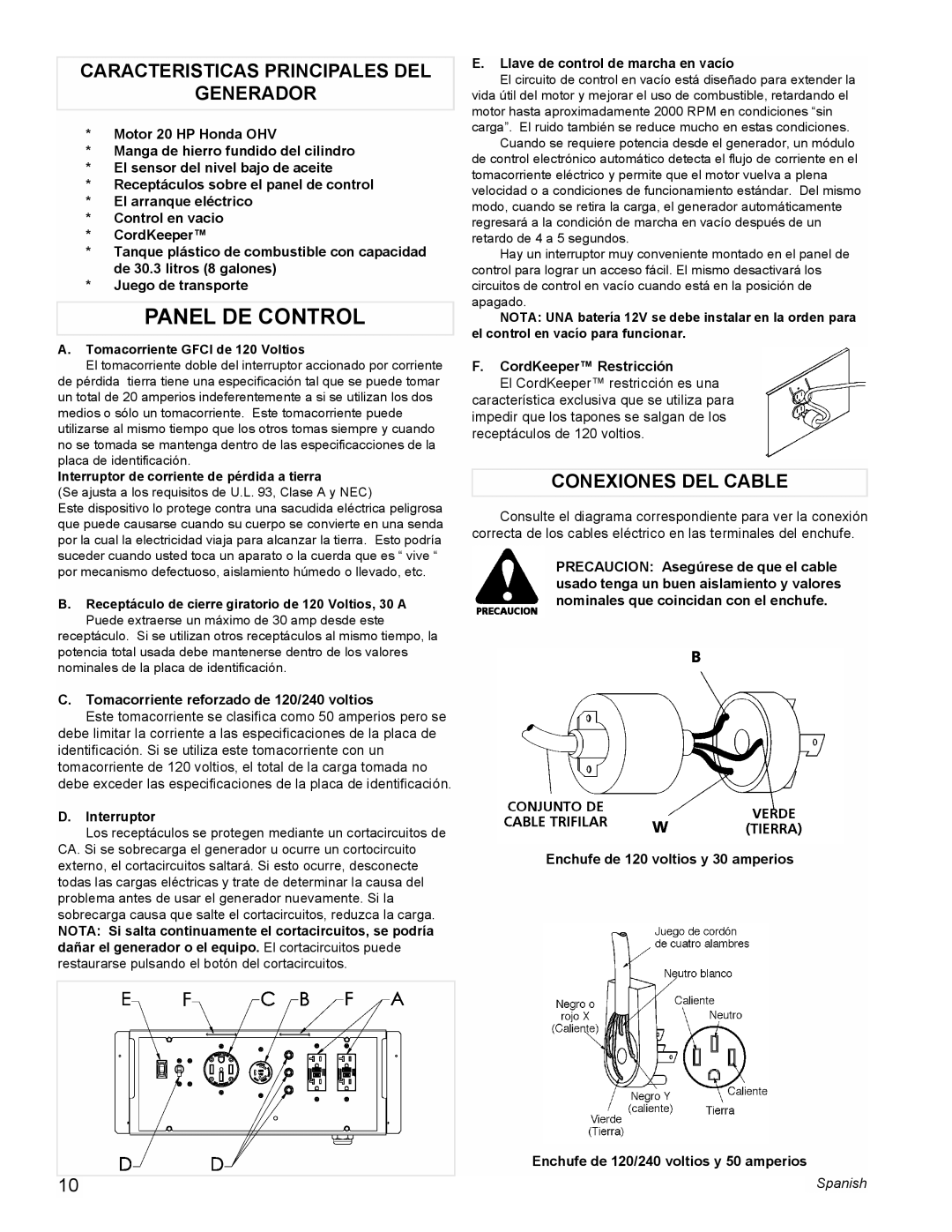 Coleman PM0601100 manual Panel De Control, Caracteristicas Principales Del Generador, Conexiones Del Cable 