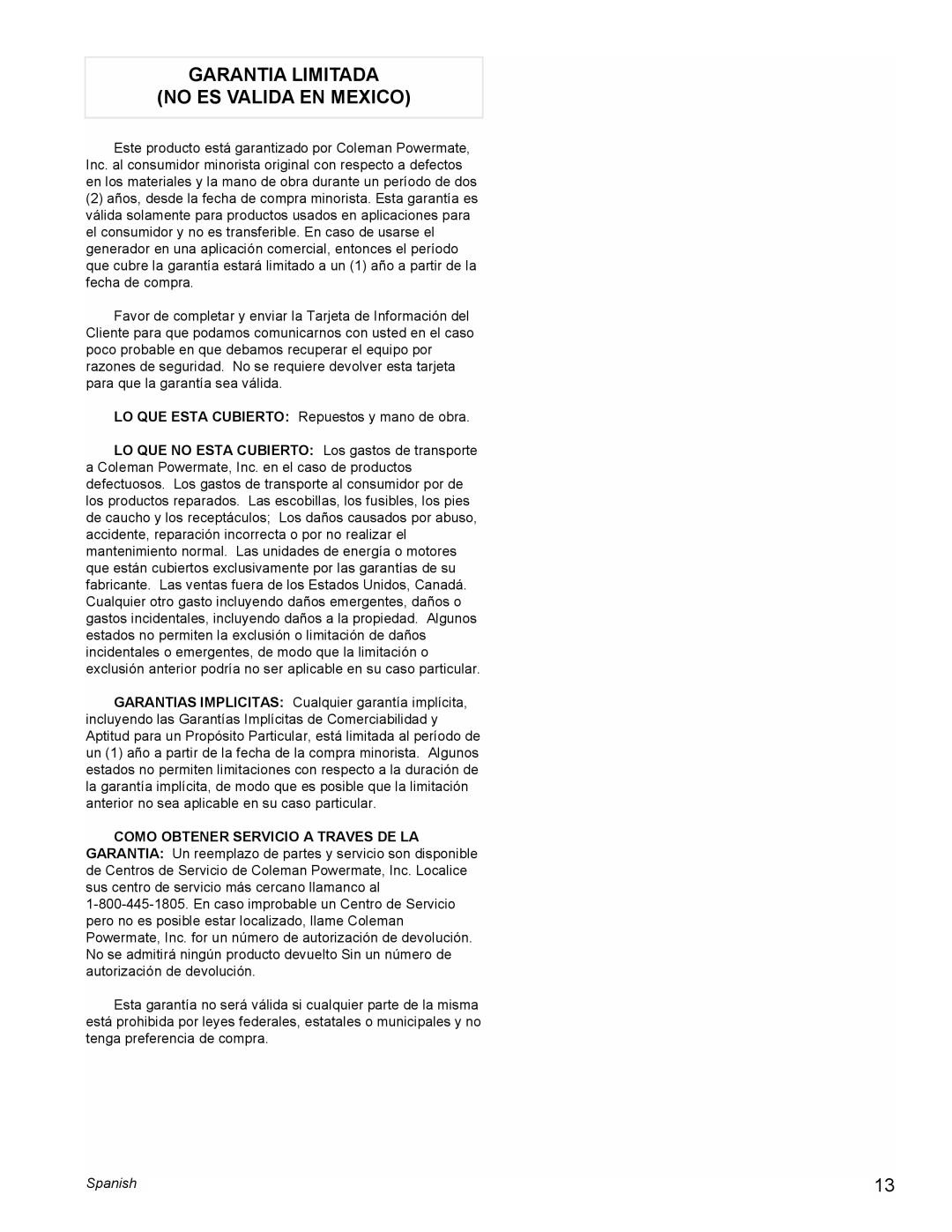 Coleman PM0601100 manual Garantia Limitada No Es Valida En Mexico, Spanish 