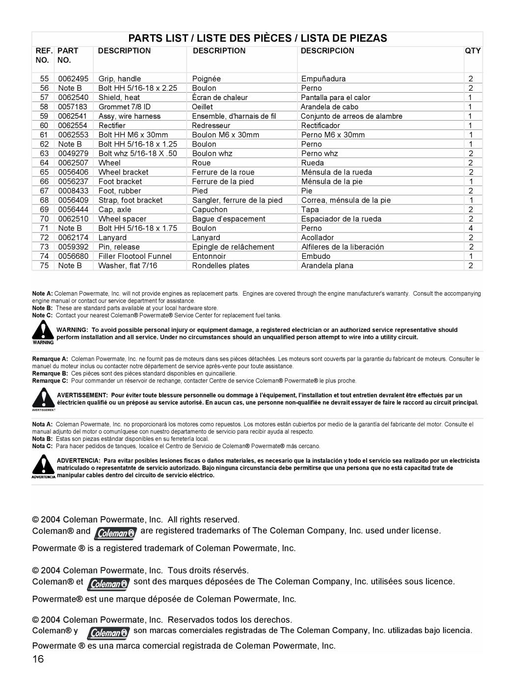 Coleman PM0601100 Parts List / Liste Des Pièces / Lista De Piezas, Coleman Powermate, Inc. All rights reserved, Coleman y 