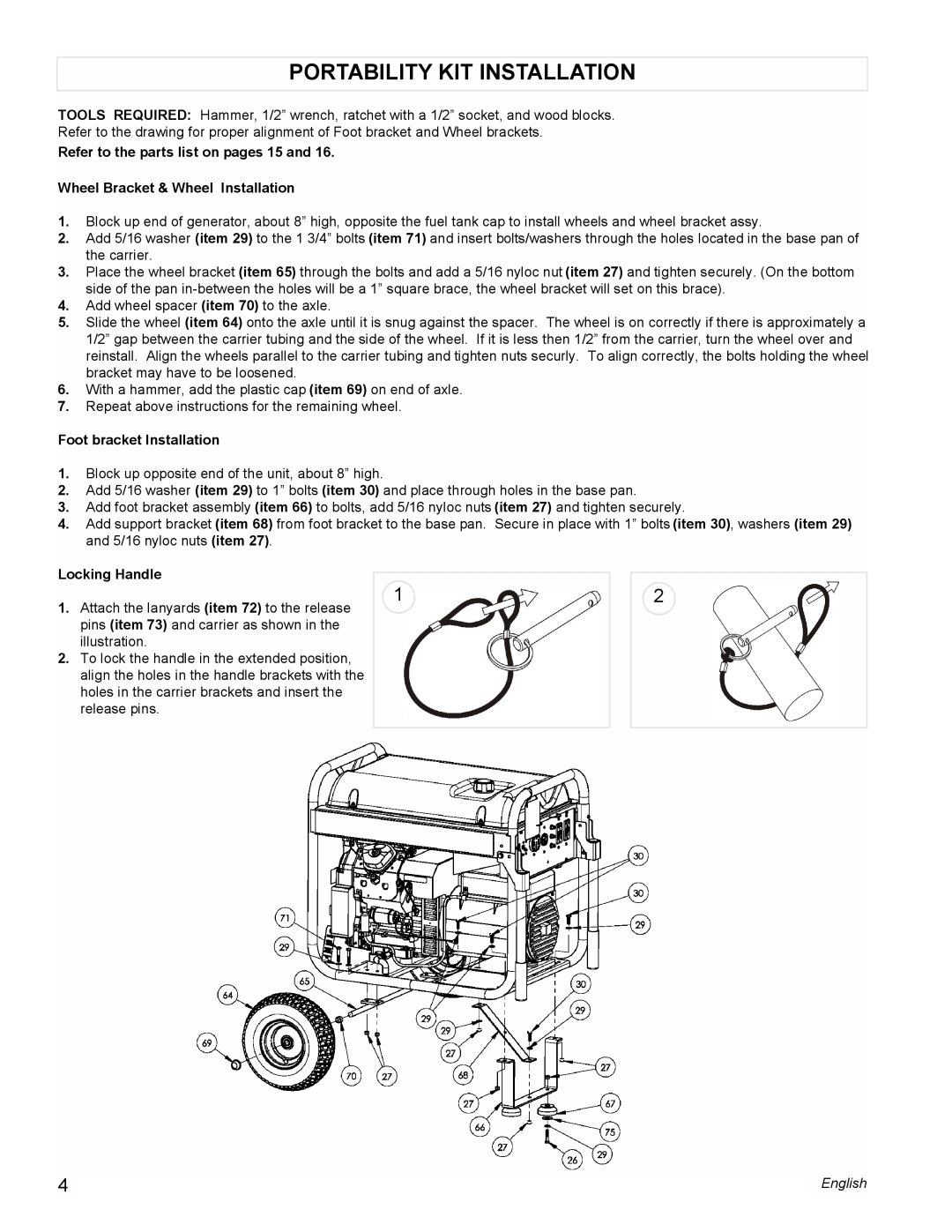 Coleman PM0601100 manual Portability Kit Installation, Refer to the parts list on pages 15 and, Foot bracket Installation 
