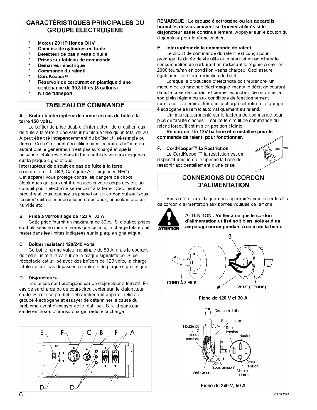 Coleman PM0601100 manual Caractéristiques Principales Du Groupe Electrogene, Tableau De Commande, French 