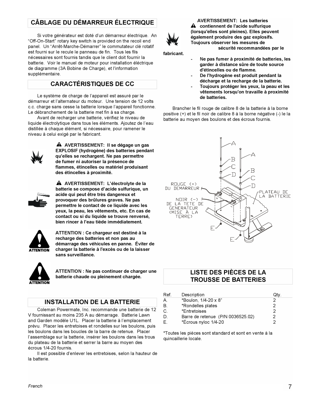 Coleman PM0601100 manual Câblage Du Démarreur Électrique, Caractéristiques De Cc, Installation De La Batterie, French 