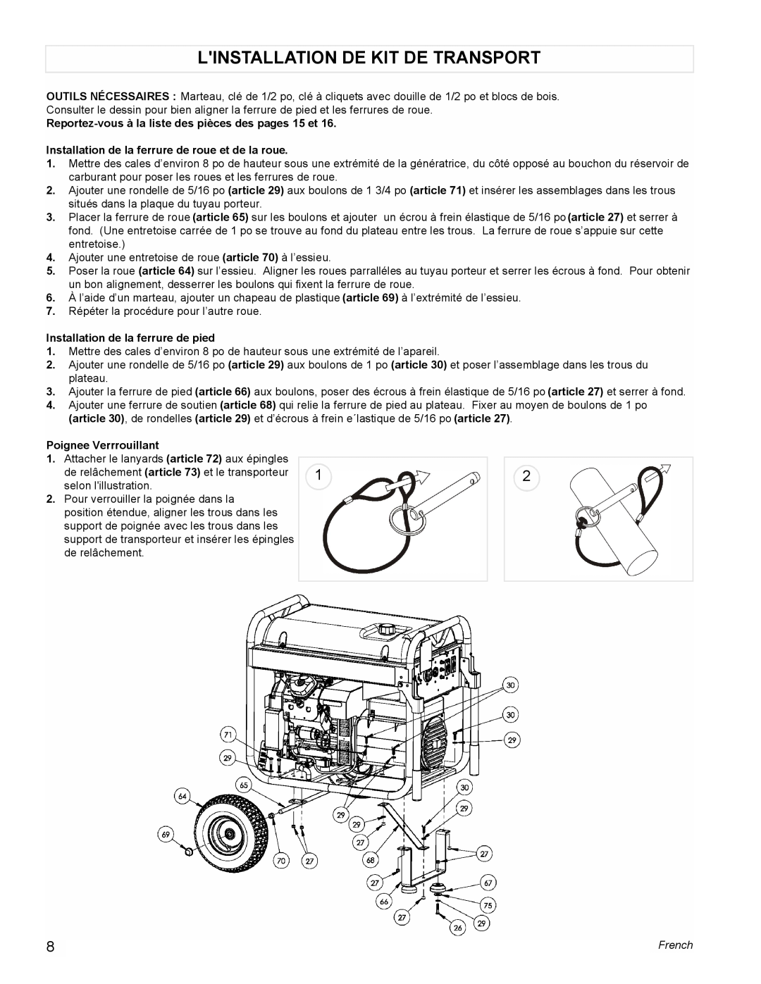 Coleman PM0601100 manual Linstallation De Kit De Transport, Reportez-vous à la liste des pièces des pages 15 et, French 