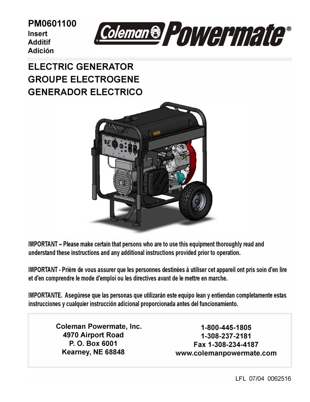 Coleman PM0601100 manual Electric Generator Groupe Electrogene Generador Electrico 