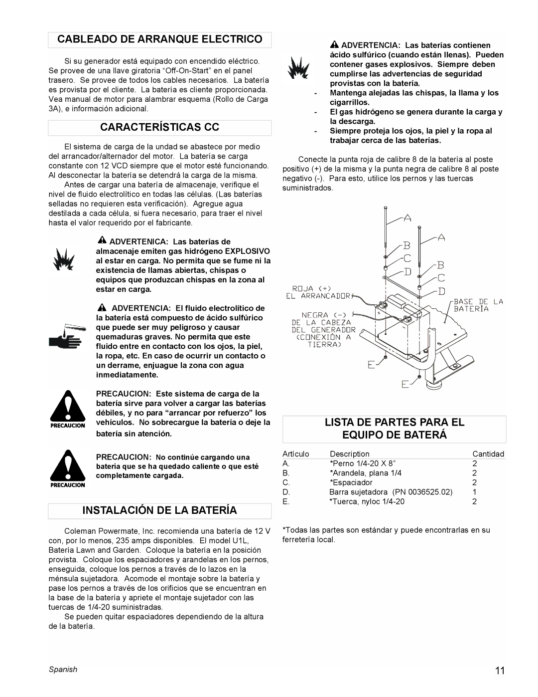 Coleman PM0601100 manual Cableado DE Arranque Electrico, Características CC, Instalación DE LA Batería 