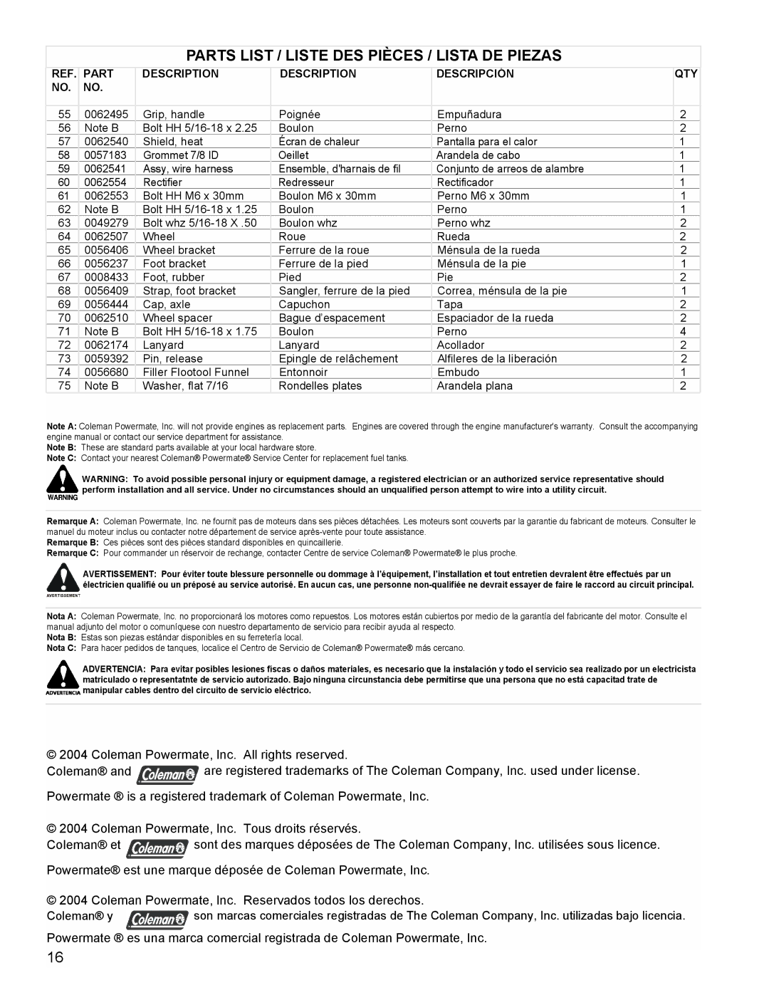 Coleman PM0601100 manual Parts List / Liste DES Pièces / Lista DE Piezas 