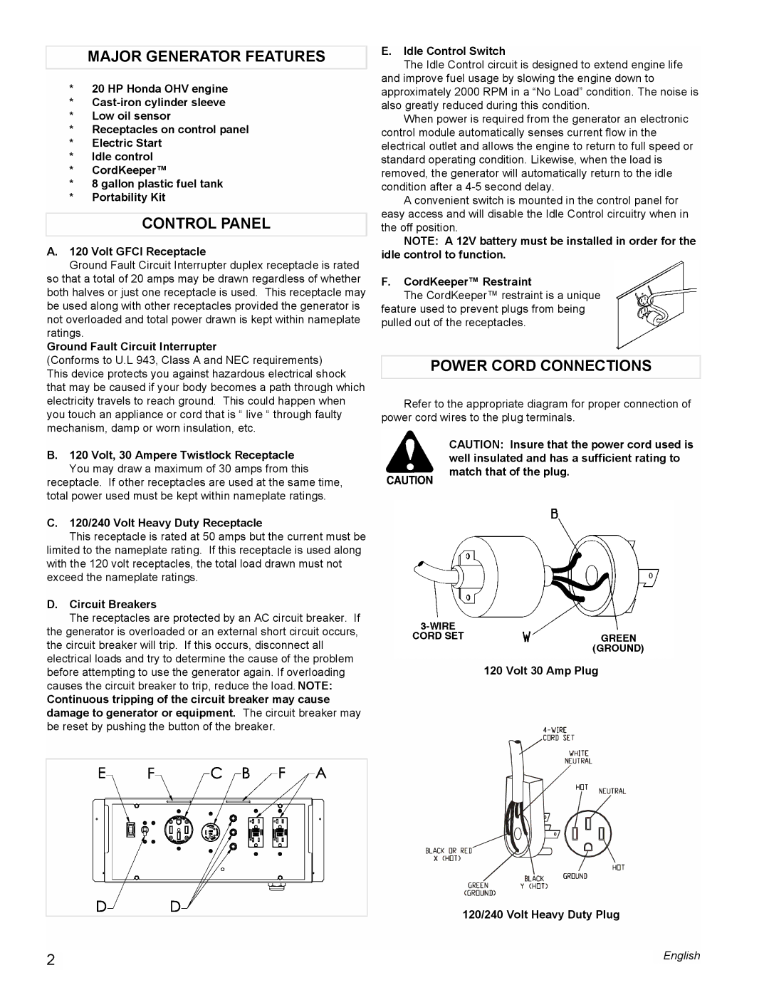 Coleman PM0601100 manual Major Generator Features, Control Panel, Power Cord Connections 