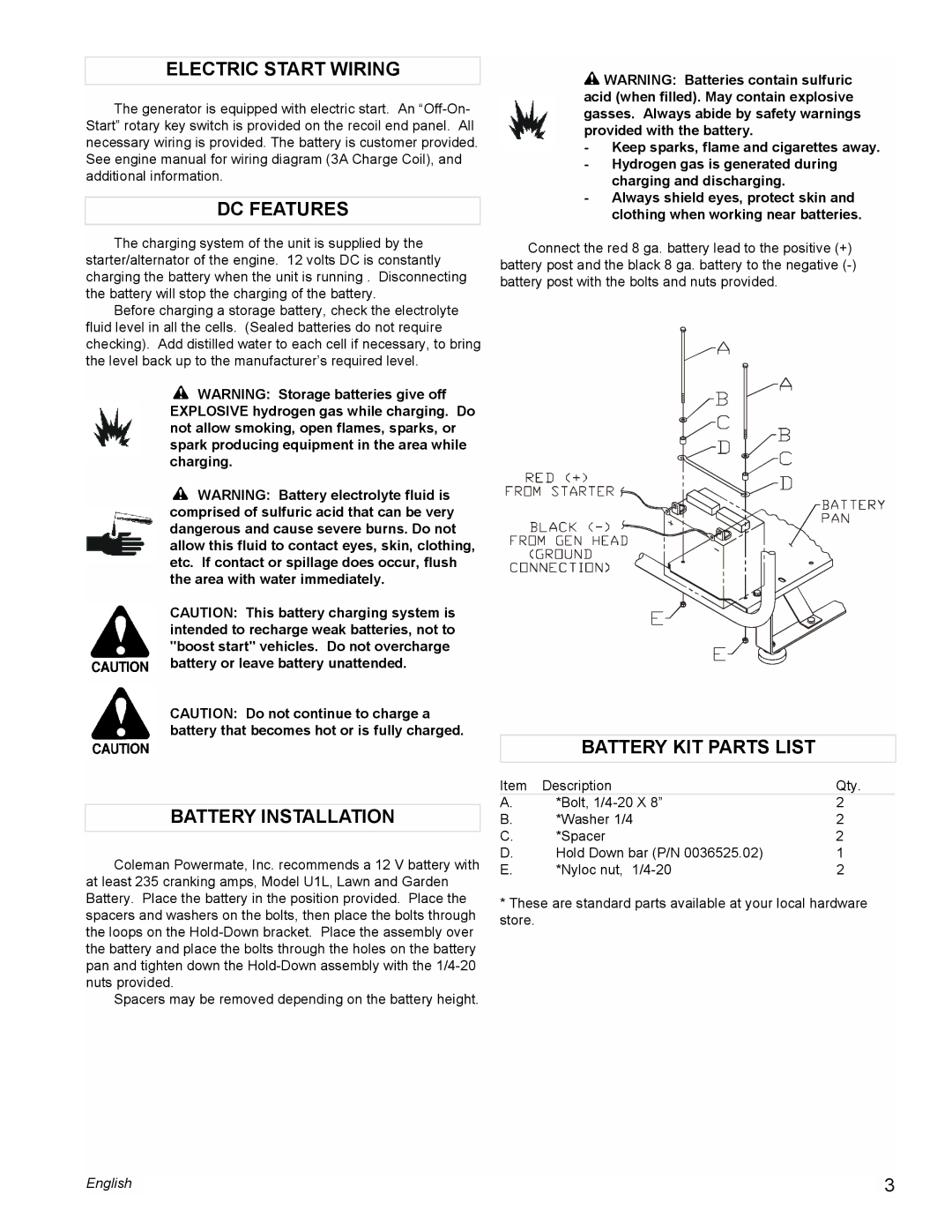 Coleman PM0601100 manual Electric Start Wiring, DC Features, Battery Installation, Battery KIT Parts List 