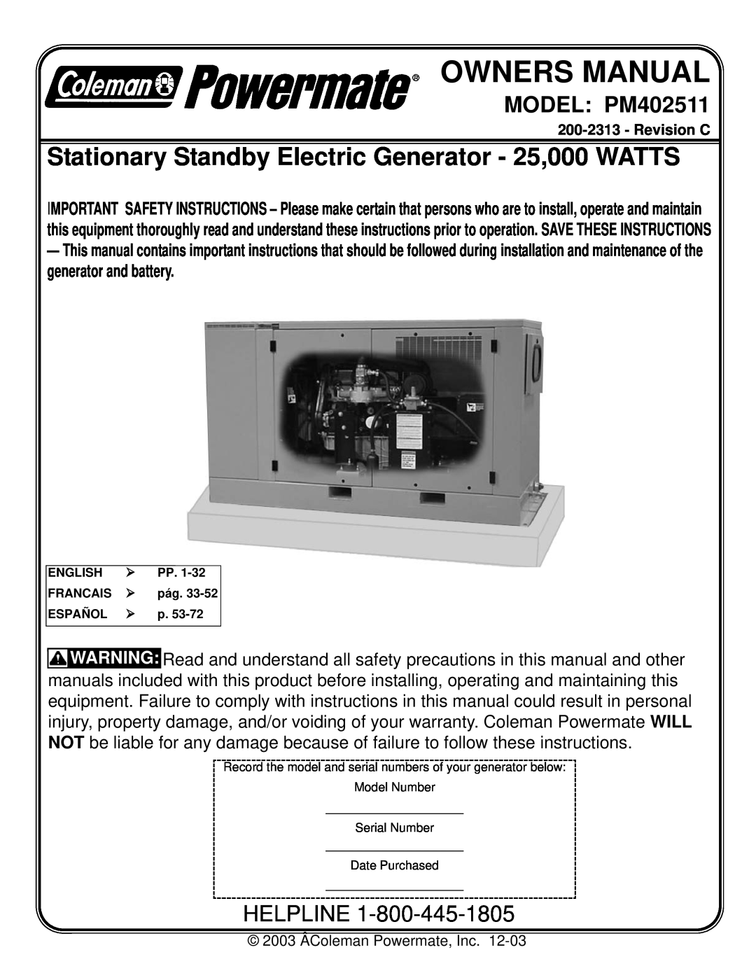 Coleman owner manual Owners Manual, Stationary Standby Electric Generator - 25,000 WATTS, MODEL PM402511, Helpline 