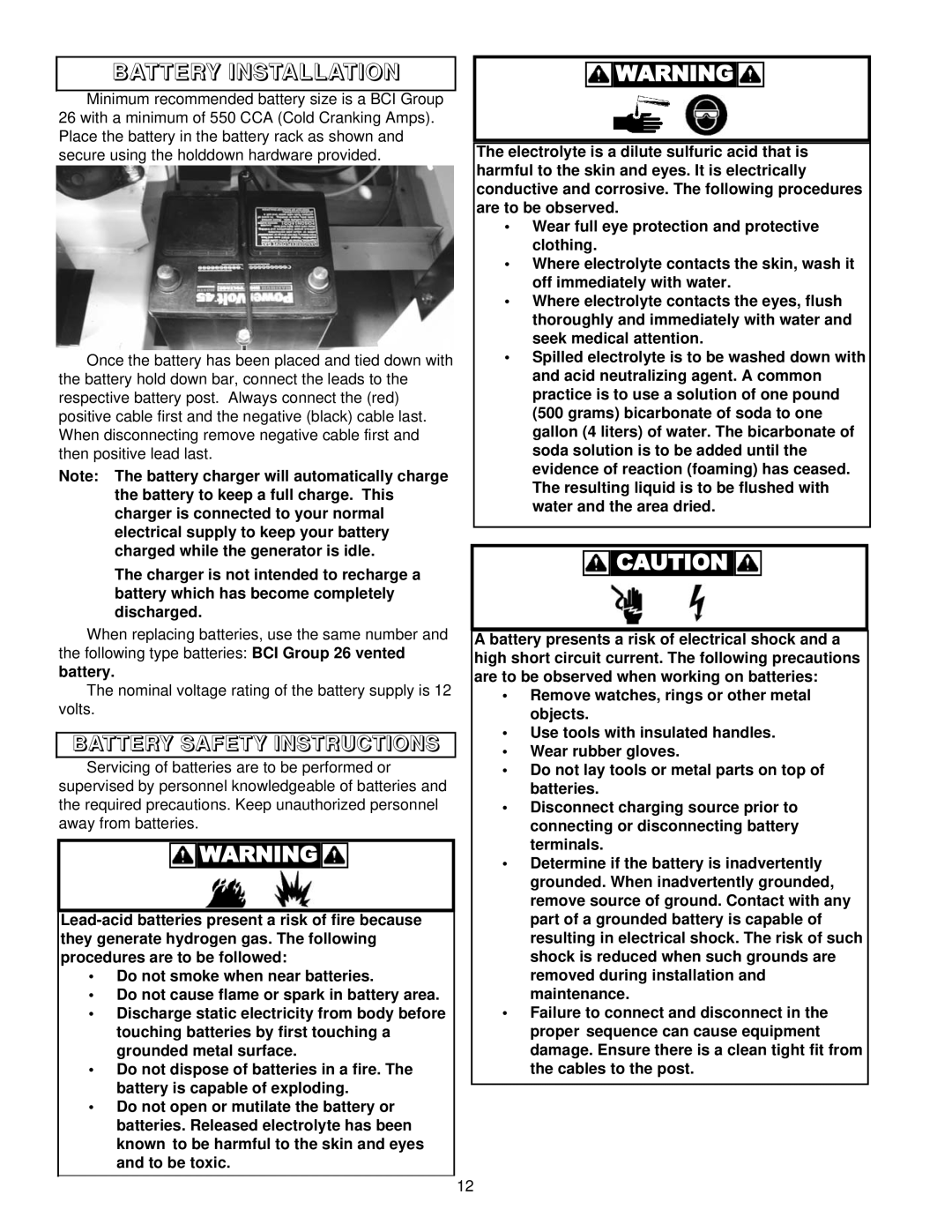 Coleman PM402511 owner manual Battery Installation, Battery Safety Instructions 