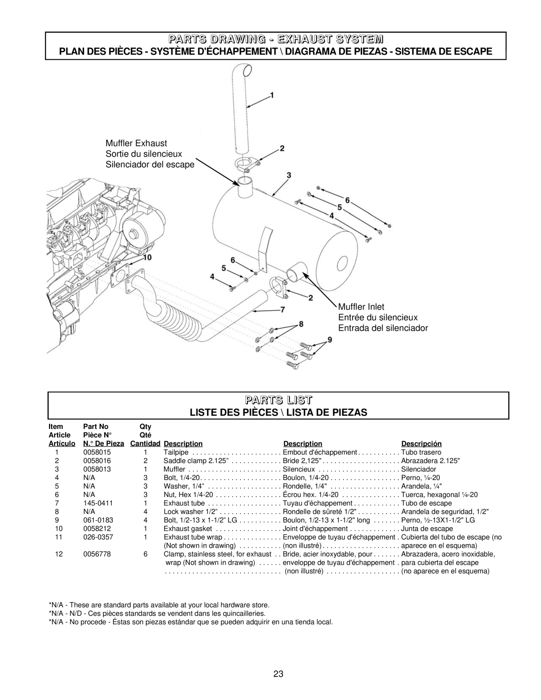 Coleman PM402511 Parts Drawing - Exhaust System, Parts List, Liste Des Pièces \ Lista De Piezas, Article, Pièce N 