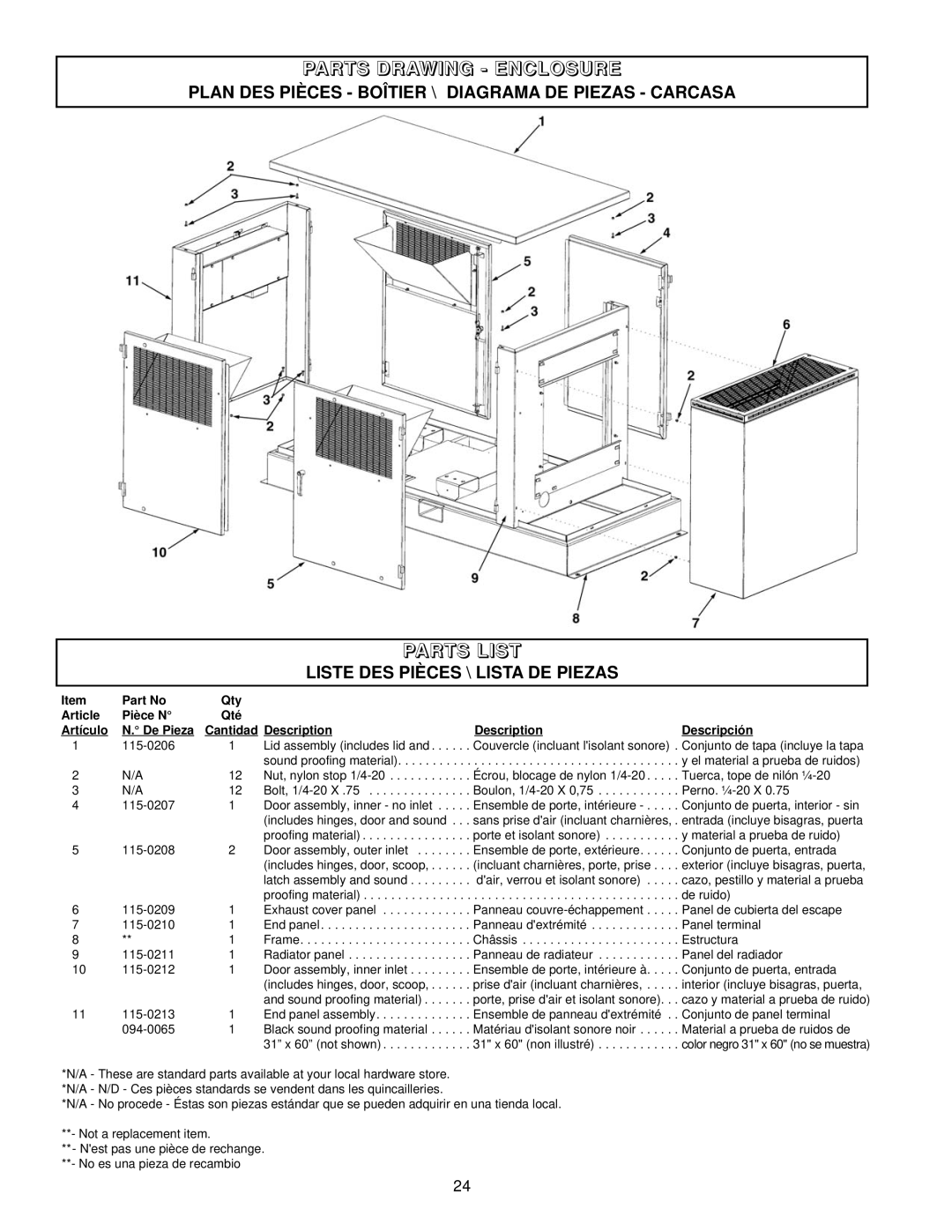 Coleman PM402511 Parts Drawing - Enclosure, Parts List, Plan Des Pièces - Boîtier \ Diagrama De Piezas - Carcasa, Article 
