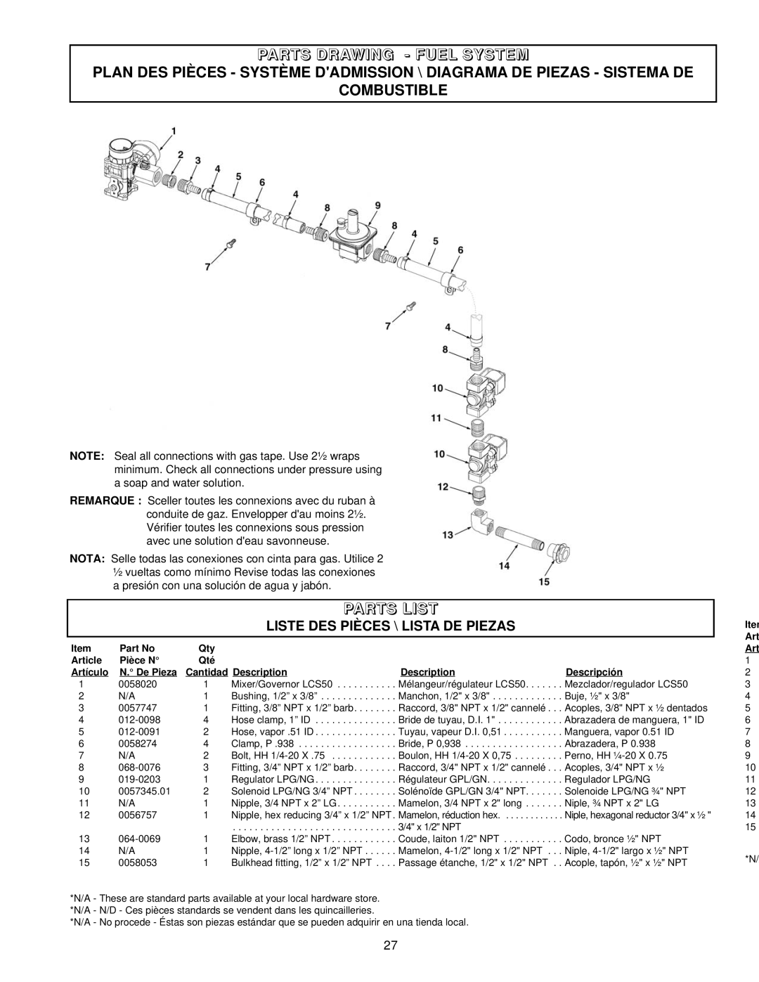 Coleman PM402511 owner manual Parts Drawing - Fuel System, Combustible, Parts List, Liste Des Pièces \ Lista De Piezas 