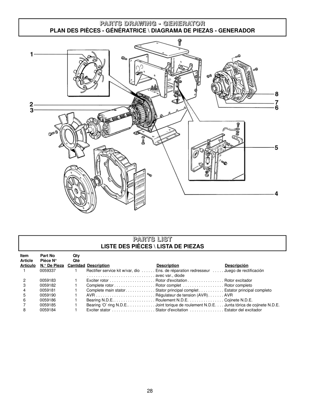 Coleman PM402511 Parts Drawing - Generator, Parts List, Plan Des Pièces - Génératrice \ Diagrama De Piezas - Generador 