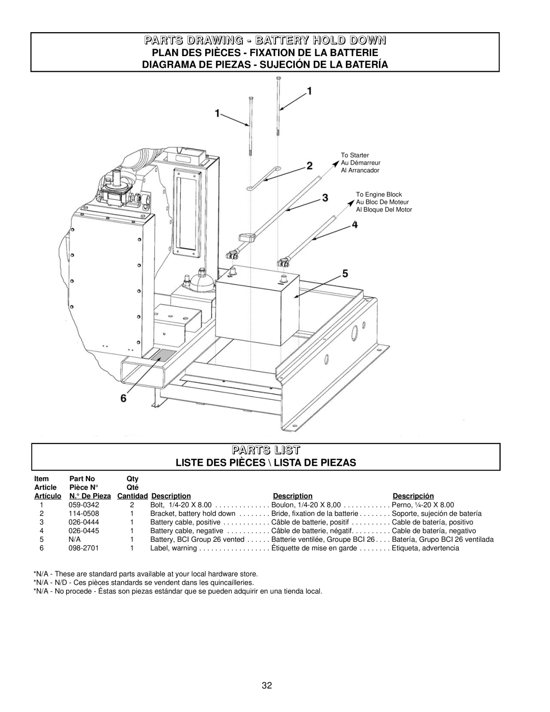 Coleman PM402511 Parts Drawing - Battery Hold Down, Parts List, Plan Des Pièces - Fixation De La Batterie, Article 
