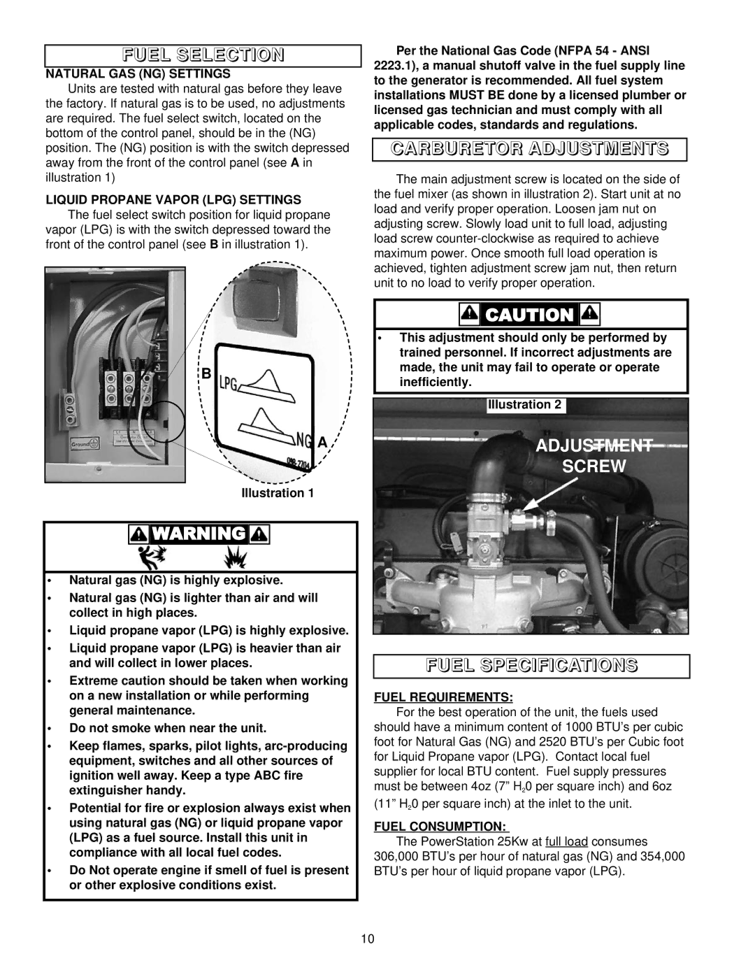 Coleman PM402511 Fuel Selection, Carburetor Adjustments, Natural GAS NG Settings, Fuel Requirements, Fuel Consumption 