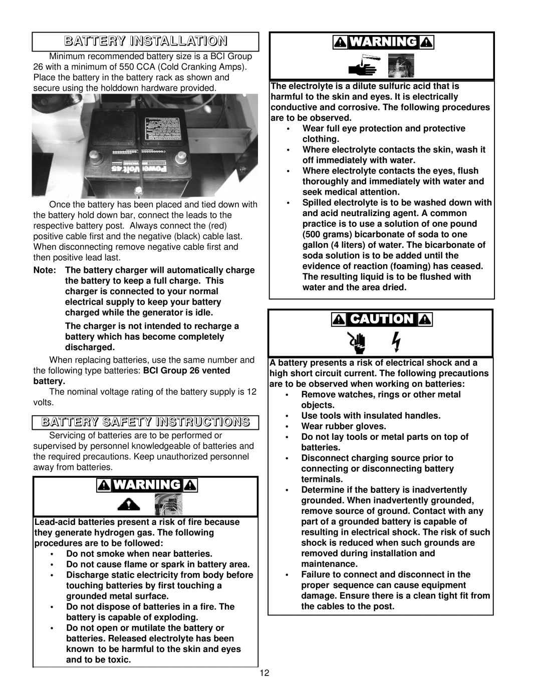 Coleman PM402511 owner manual Battery Installation, Battery Safety Instructions 