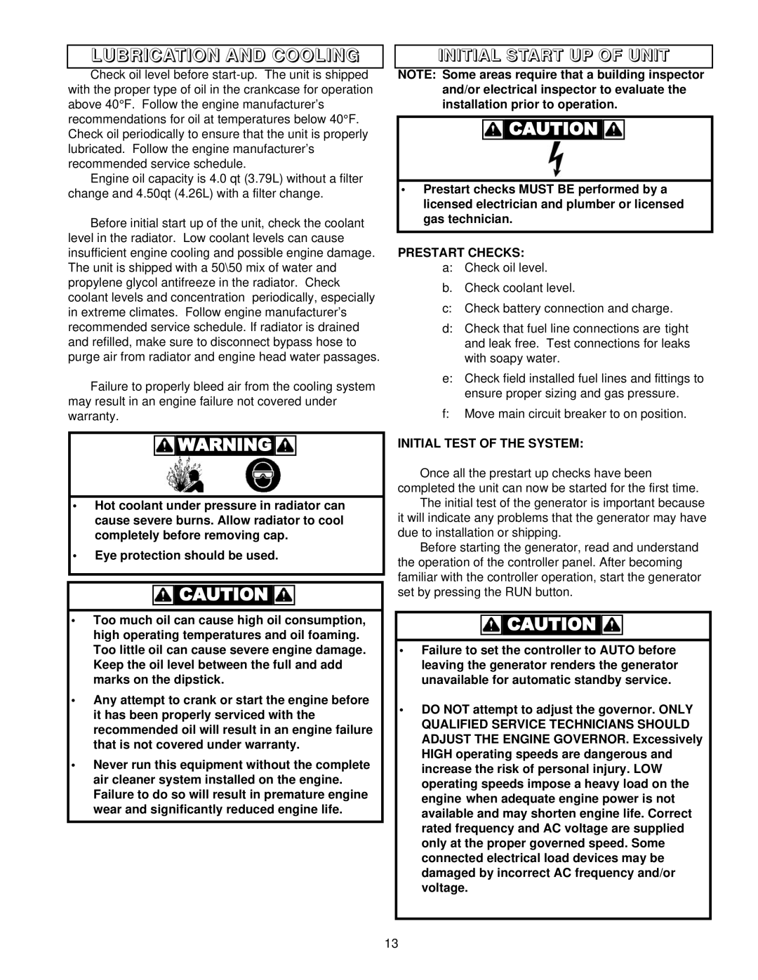 Coleman PM402511 Lubrication and Cooling, Initial Start UP of Unit, Prestart Checks, Initial Test of the System 