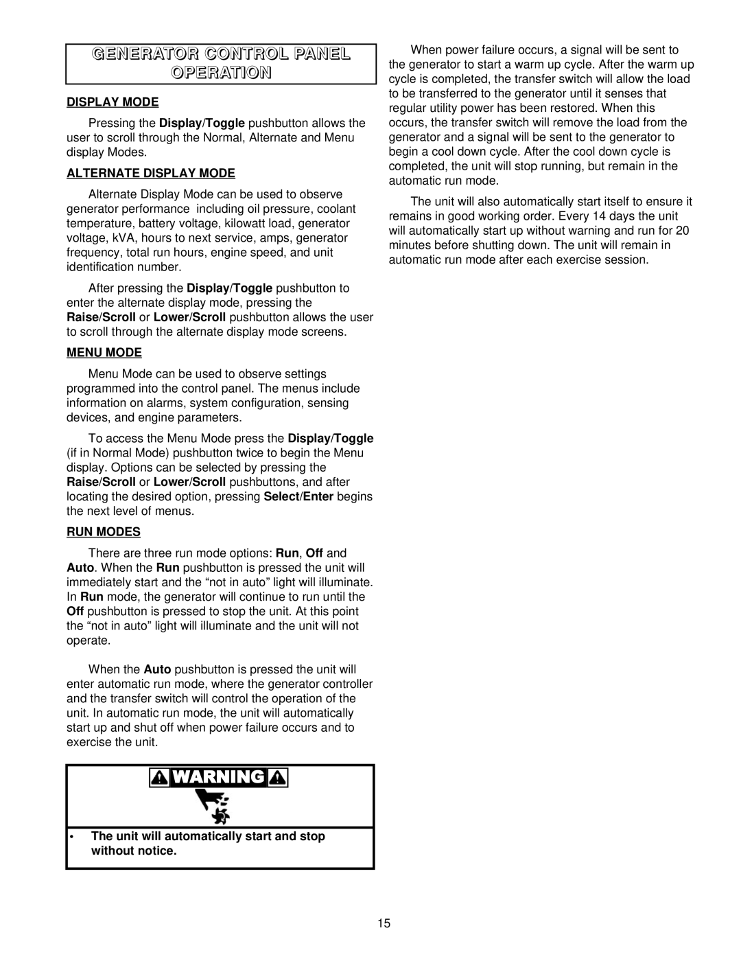 Coleman PM402511 owner manual Generator Control Panel Operation, Alternate Display Mode, Menu Mode, RUN Modes 