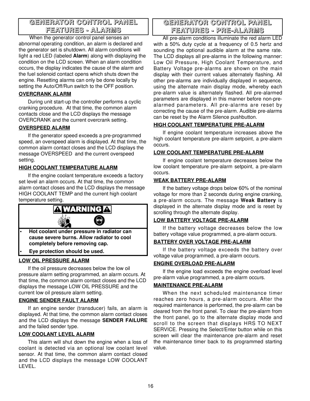 Coleman PM402511 owner manual Generator Control Panel Features Alarms, Generator Control Panel Features PRE-ALARMS 