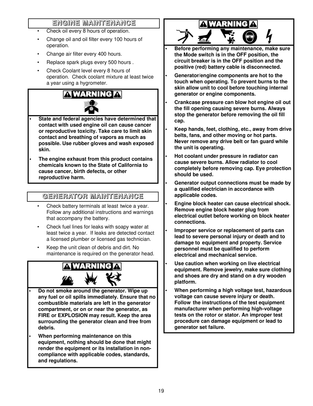 Coleman PM402511 owner manual Engine Maintenance, Generator Maintenance 