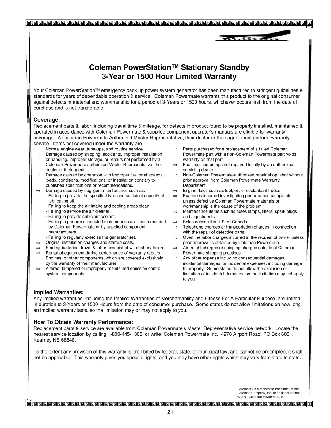 Coleman PM402511 owner manual Coverage 