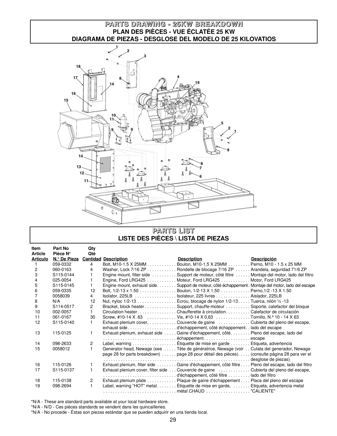 Coleman PM402511 owner manual Parts Drawing 25KW Breakdown 