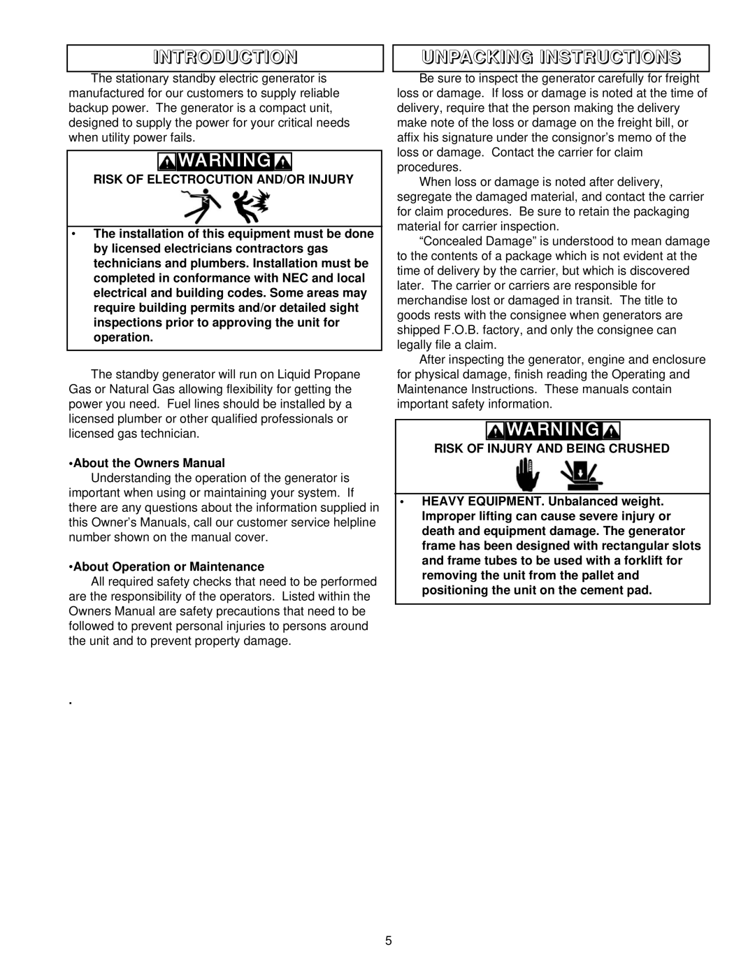 Coleman PM402511 owner manual Introduction Unpacking Instructions, Risk of Electrocution AND/OR Injury 