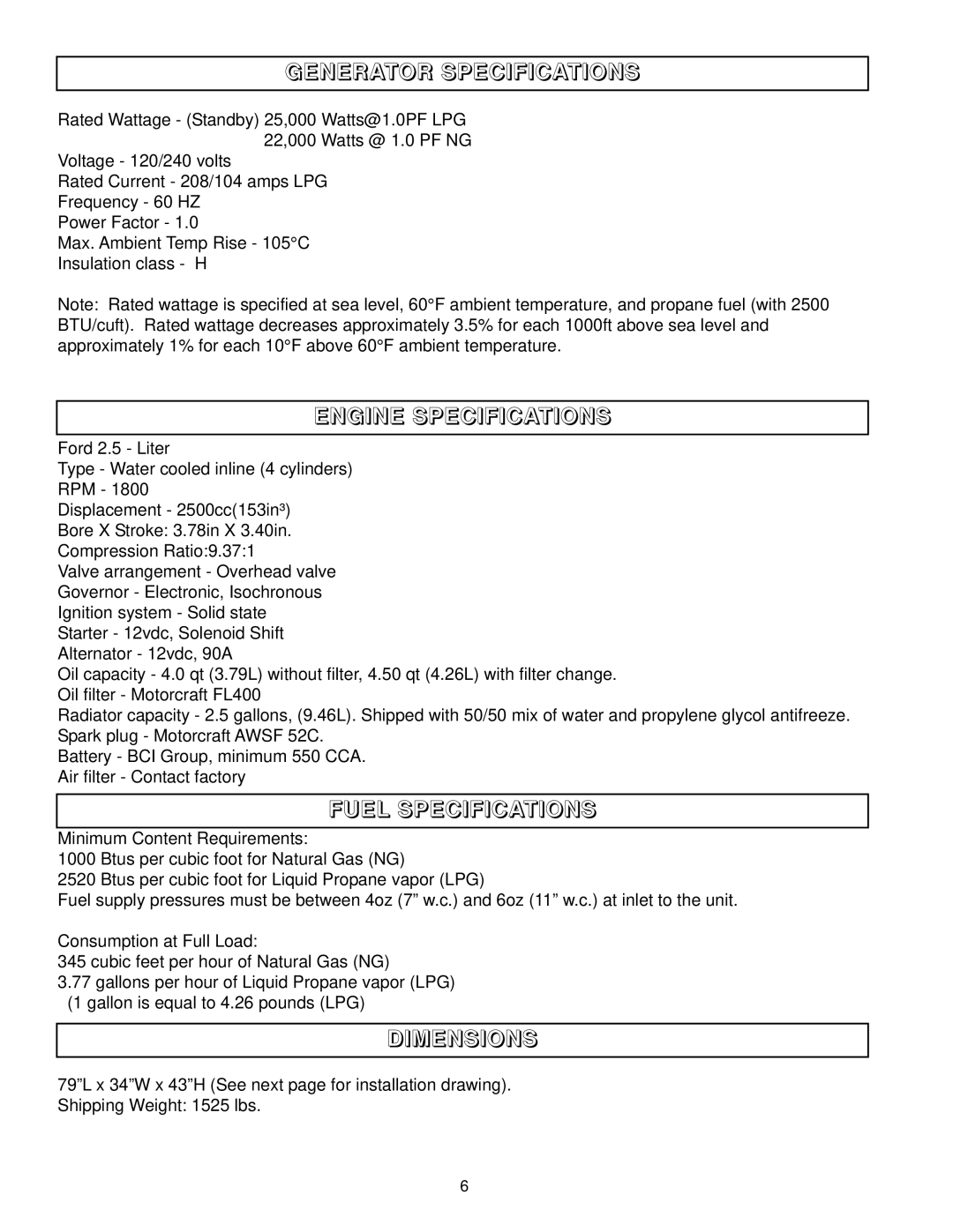 Coleman PM402511 owner manual Generator Specifications, Engine Specifications, Fuel Specifications, Dimensions 