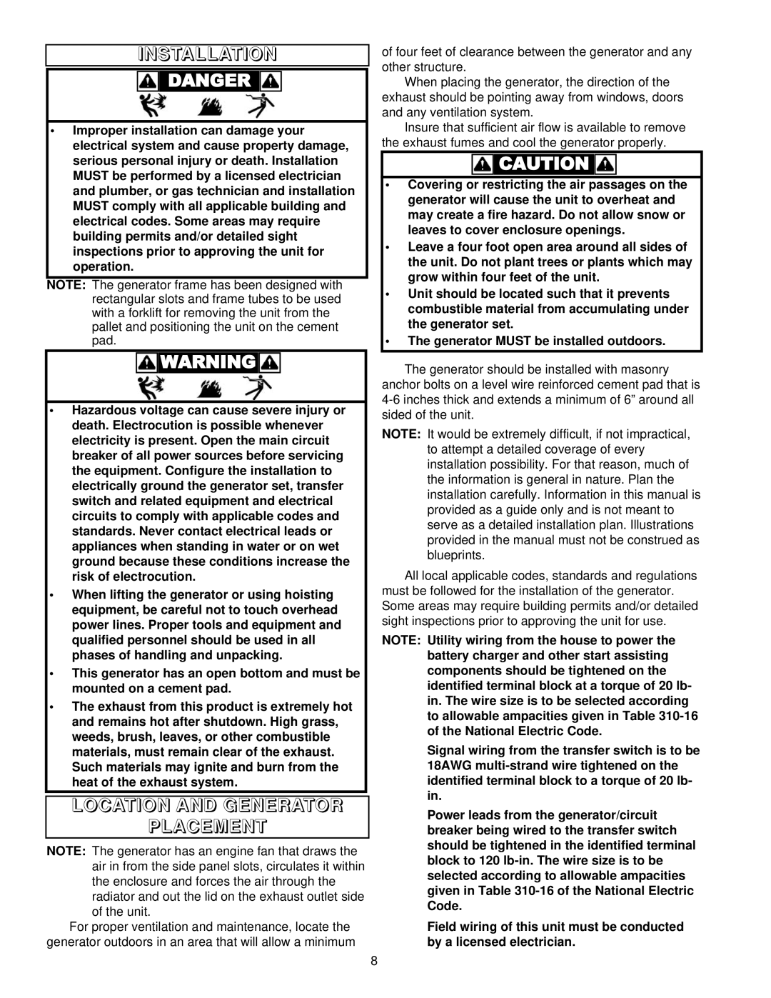 Coleman PM402511 owner manual Installation, Location and Generator Placement 