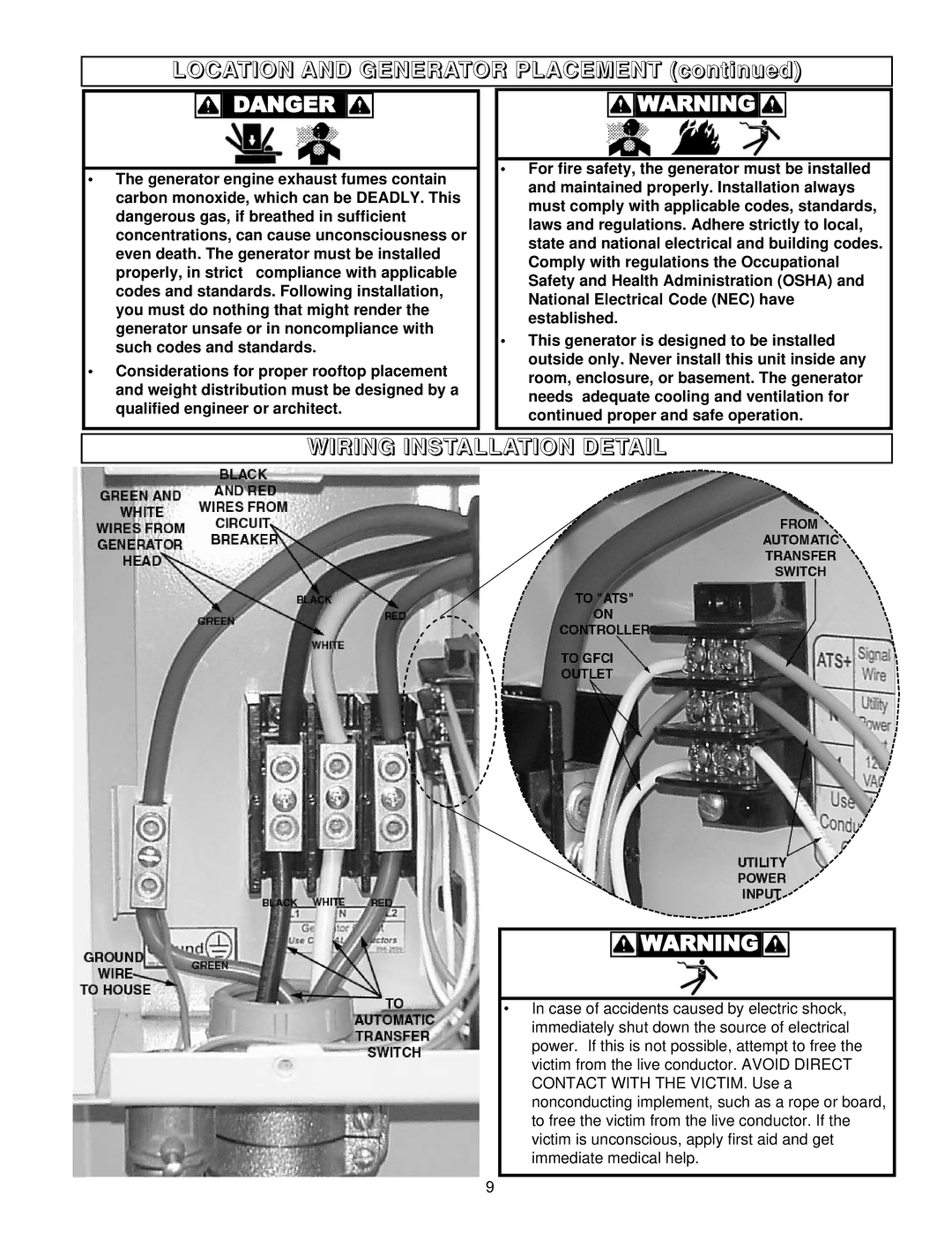 Coleman PM402511 owner manual Location and Generator Placement, Wiring Installation Detail 