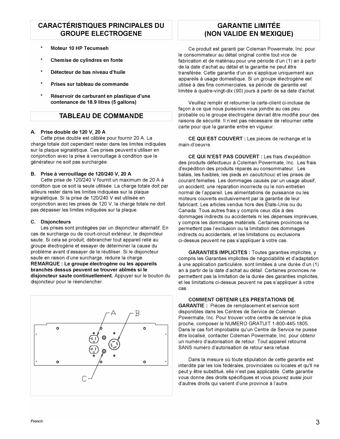 Coleman PMA525302 manual Caractéristiques Principales DU Groupe Electrogene, Tableau DE Commande 