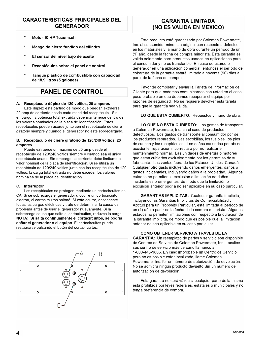 Coleman PMA525302 manual Caracteristicas Principales DEL Generador, Garantia Limitada No ES Valida EN Mexico, Interruptor 