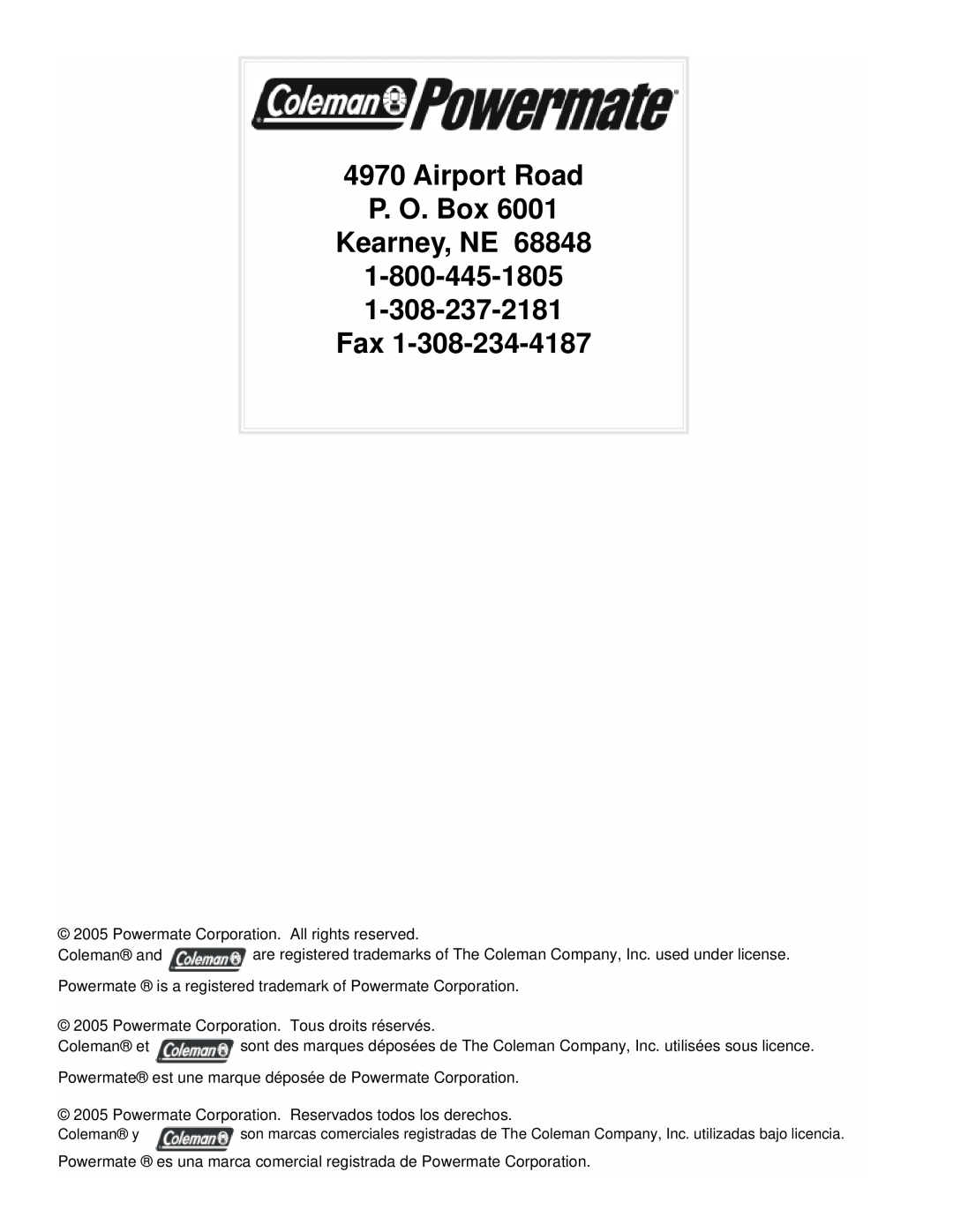 Coleman PMA525302.02 manual Airport Road P. O. Box Kearney, NE 