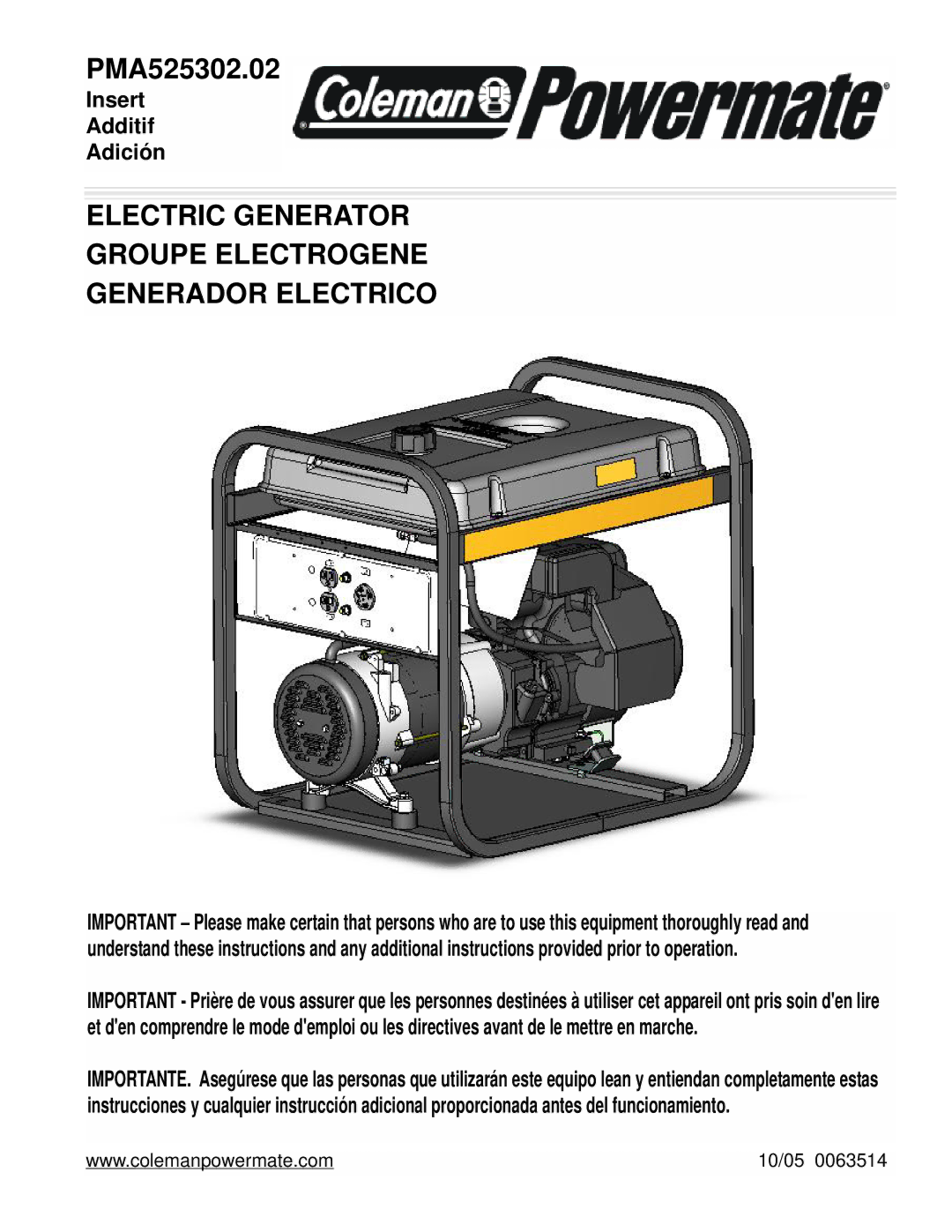 Coleman PMA525302.02 manual Electric Generator Groupe Electrogene Generador Electrico 